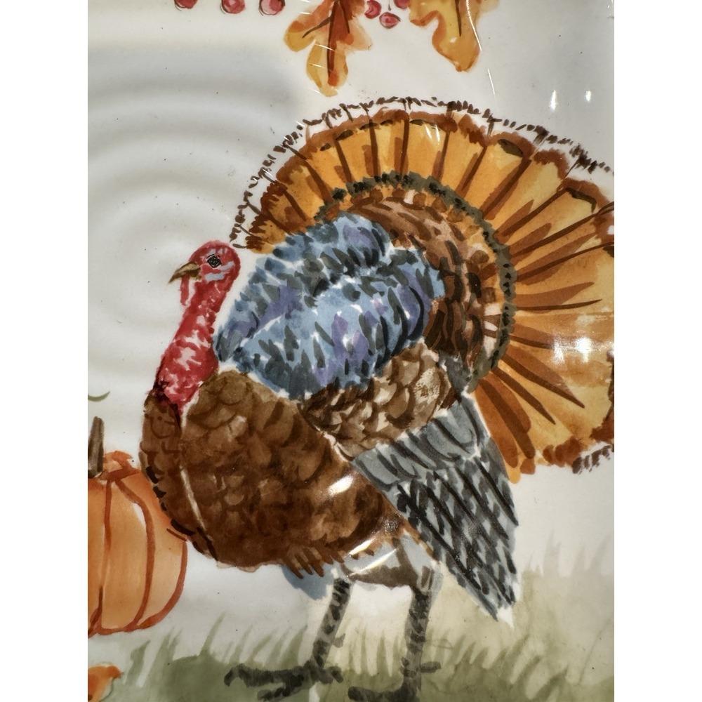 Thanksgiving Turkey Dinner Serving Plate Autumn Fall 11" Square Ceramic L2 - Picture 2 of 5